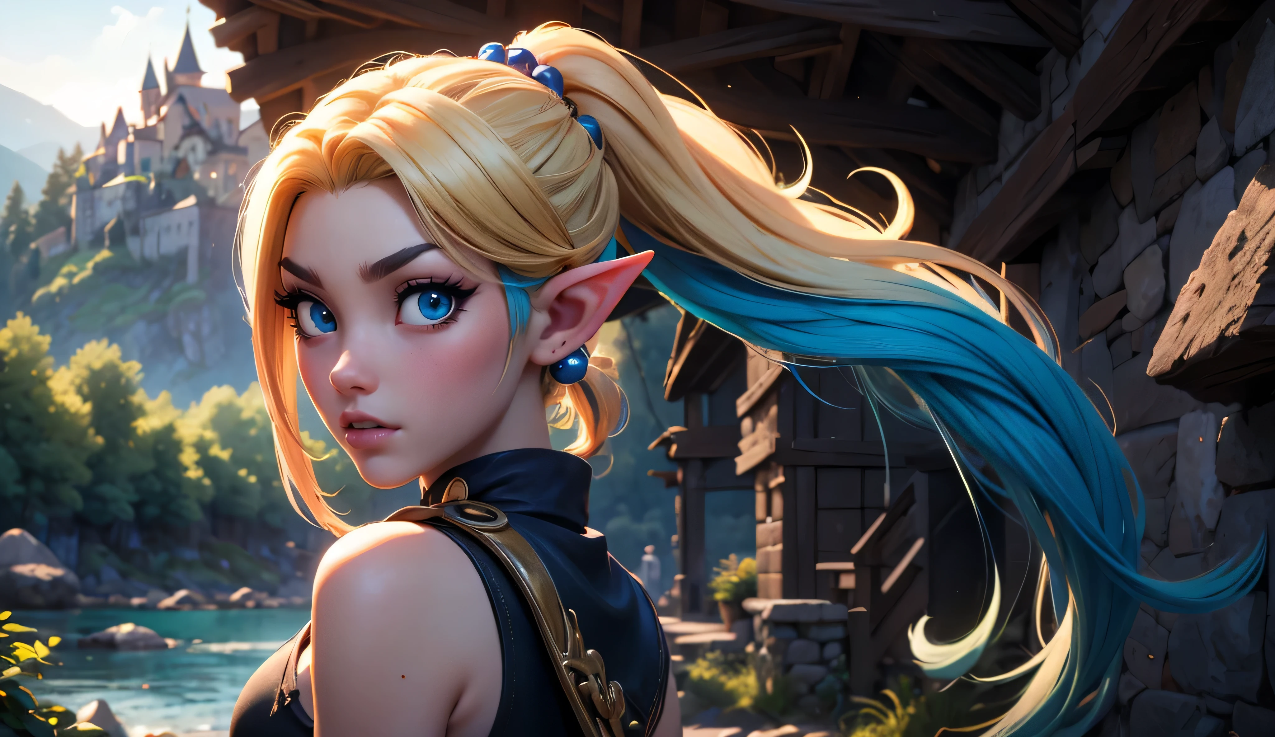 masterpiece, newest, absurdres, masterpiece, highly detailed, beautiful anime, lineart, realistic anime, semi realistic, extremely cute, ((very aesthetic, best quality, ultra detailed)), (perfect face, cute face, like face), fantasy background, extreme colors, Bavarian forest, mountainside, river, castle ruins, intricate details, colorful, ((dramatic lighting)), fantasy, young, girl, ((looking at viewer)), perfect face, ((torn clothes)), twinbraids, blonde, , elf girl, ponytail, sidelocks, pointy ears, sleeveless shirt, green thighhighs, black lips, mascara, Long eyelashes, dark elf, very long hair, multicolored hair, parody, braid, outdoors, messy hair, gradient hair, sleeveless, blue hair, twintails, hair ornament, looking back, bikini top only, tribal, loincloth, torn clothes, beads, hair beads, blue eyes, long hair, blonde hair
