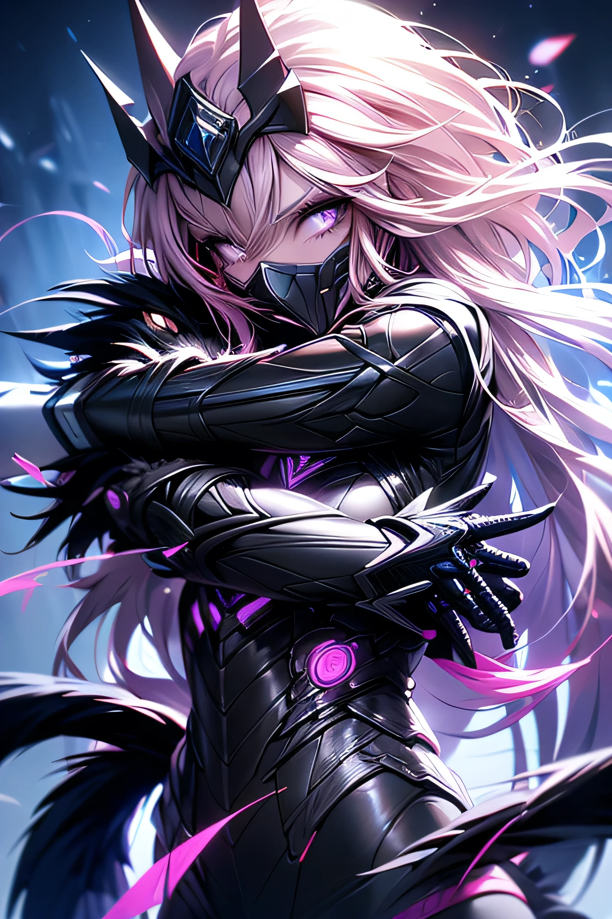 a formidable armored knight in dark purple and chrome, dark zodiac knight armor, unleashing a black aura, hugging a black cat