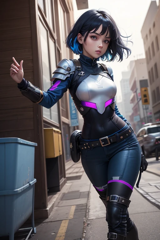 Anime style girl with futuristic combat clothing for Secret Agent   ,   short black hair with tips dyed dark blue    ,     designed with a modern and bold style    . Her hair is slightly disheveled to give it a dynamic and youthful touch. Her eyes are large and a deep blue color,  that reflect trust and strength    .
1. General tones     :      Dark colors such as black and metallic gray     ,      with shiny details in shades of neon blue and purple that give her a modern look     .


2. jacket:  A fitted jacket with a metallic finish .      It has luminous patterns on the edges and shoulders     ,      suggesting advanced functionality     ,      perhaps such as light armor     .


3. Gloves: Gloves largos y ajustados que parecen tener paneles tecnológicos en las muñecas,      with bright lines that connect with the rest of the suit     .


4.      Belt and details     :      A belt with a utility design     ,      predominant with compartments that could be tools or small weapons      ,      according to a combat style in an advanced environment     .


5.      Pants and boots     :      Tight pants with technological details and visible seams that are combined with tall boots of resistant design,      ideal for difficult terrain or action scenarios     .


6.      Additional elements     :    The outfit includes metal plates in some areas and small accessories that     