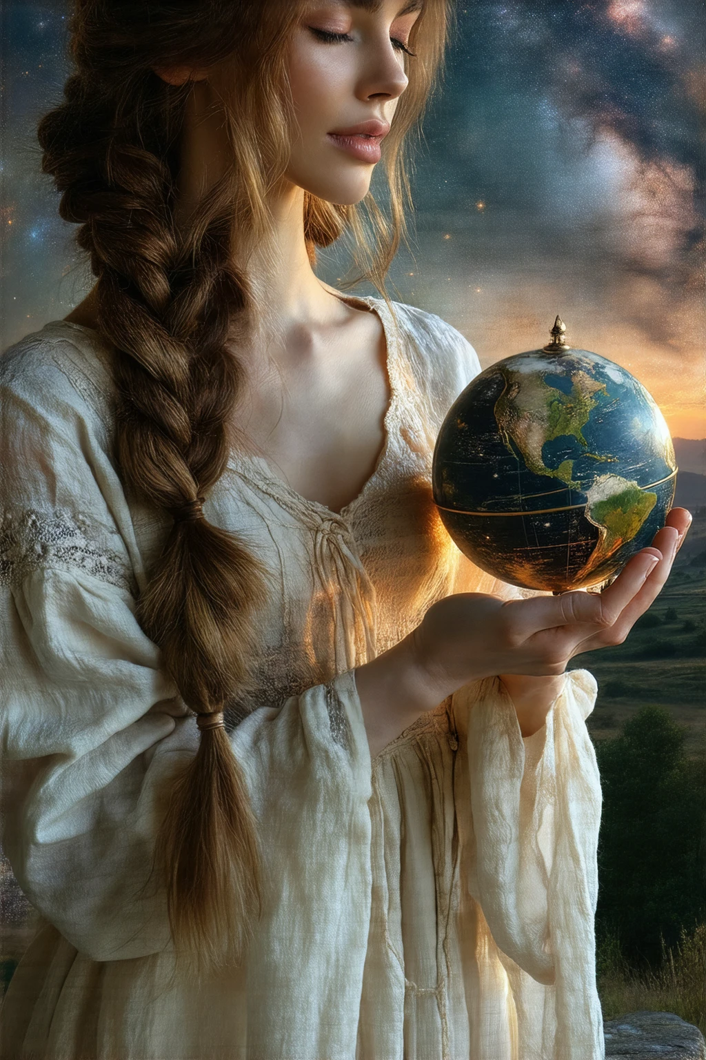 A graceful sorceress with long, braided auburn hair, wearing a flowing, white dress adorned with delicate lace and flowing silk fabric. She holds a celestial globe in her hands, its surface depicting constellations and galaxies. Her eyes are closed in a moment of deep meditation. The setting is a serene, high tower with panoramic view over a vast, magical landscape, rendered in a soft, ethereal style with glowing and pastel tones.