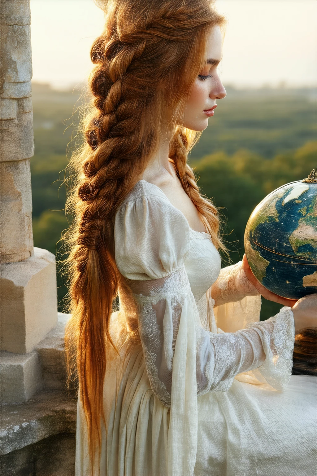 A graceful sorceress with long, braided auburn hair, wearing a flowing, white dress adorned with delicate lace and flowing silk fabric. She holds a celestial globe in her hands, its surface depicting constellations and galaxies. Her eyes are closed in a moment of deep meditation. The setting is a serene, high tower with panoramic view over a vast, magical landscape, rendered in a soft, ethereal style with glowing and pastel tones.