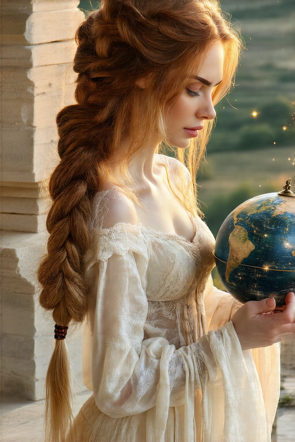 A graceful sorceress with long, braided auburn hair, wearing a flowing, white dress adorned with delicate lace and flowing silk fabric. She holds a celestial globe in her hands, its surface depicting constellations and galaxies. Her eyes are closed in a moment of deep meditation. The setting is a serene, high tower with panoramic view over a vast, magical landscape, rendered in a soft, ethereal style with glowing and pastel tones.