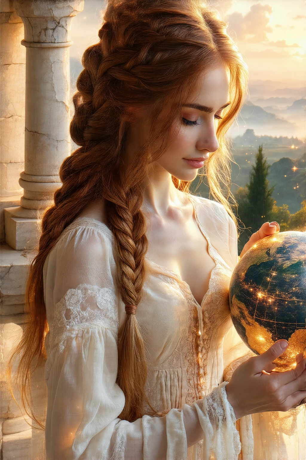 A graceful sorceress with long, braided auburn hair, wearing a flowing, white dress adorned with delicate lace and flowing silk fabric. She holds a celestial globe in her hands, its surface depicting constellations and galaxies. Her eyes are closed in a moment of deep meditation. The setting is a serene, high tower with panoramic view over a vast, magical landscape, rendered in a soft, ethereal style with glowing and pastel tones.