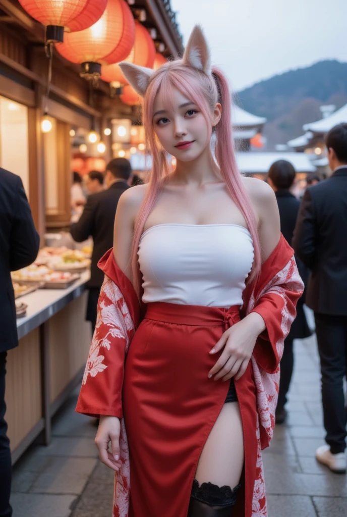 hyper Realistic, ultra detailed, best quality, absurdres, 1girl, young woman, smile, white pointed ears, pink color ponytail hair, wearing a white tubetop, bare shoulder, To put on a beautiful red kimono, slit skirt, tights high, black boots, bushy fox's tail, standing, thighs, detailed realistic skin texture, fine-textured skin, shiny skin, realistic shading, natural huge breasts, japanese festival food stall, people, background japanese shrine, snowy landscape, fun atmosphere, lively atmosphere