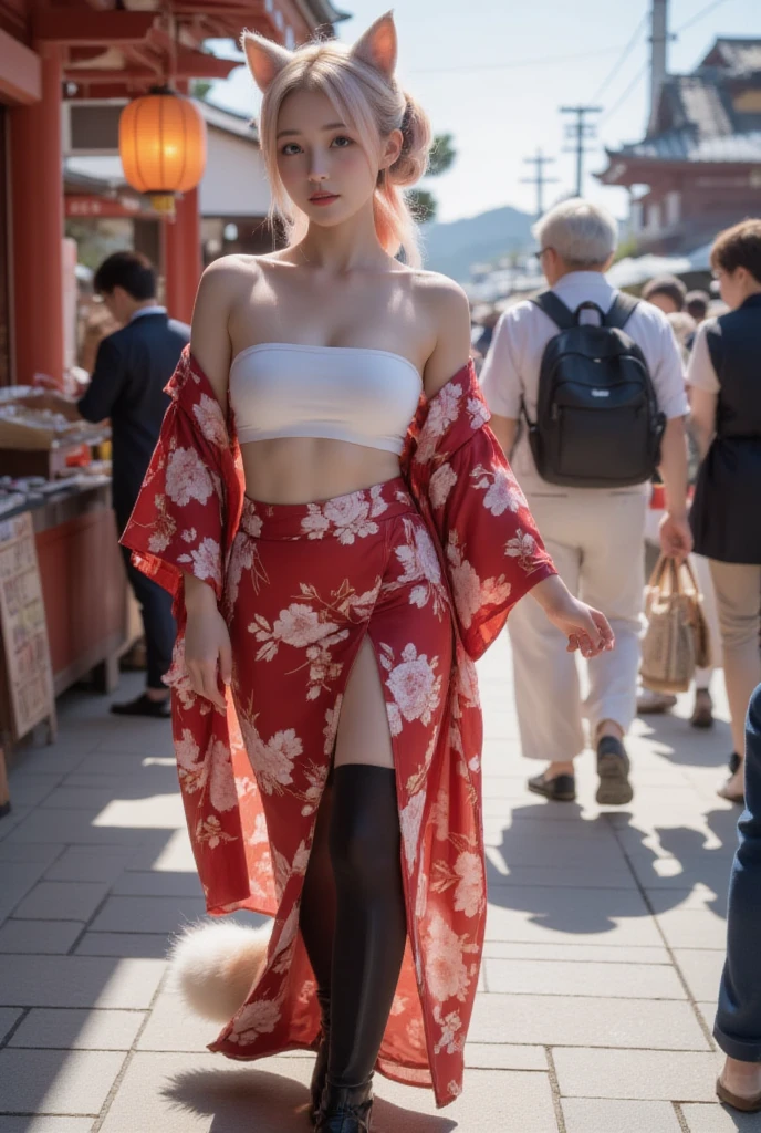 hyper Realistic, ultra detailed, best quality, absurdres, 1girl, young woman, smile, white pointed ears, pink color ponytail hair, wearing a white tubetop, bare shoulder, To put on a beautiful red kimono, slit skirt, tights high, black boots, bushy fox's tail, standing, thighs, detailed realistic skin texture, fine-textured skin, shiny skin, realistic shading, natural huge breasts, japanese festival food stall, people, background japanese shrine, snowy landscape, fun atmosphere, lively atmosphere