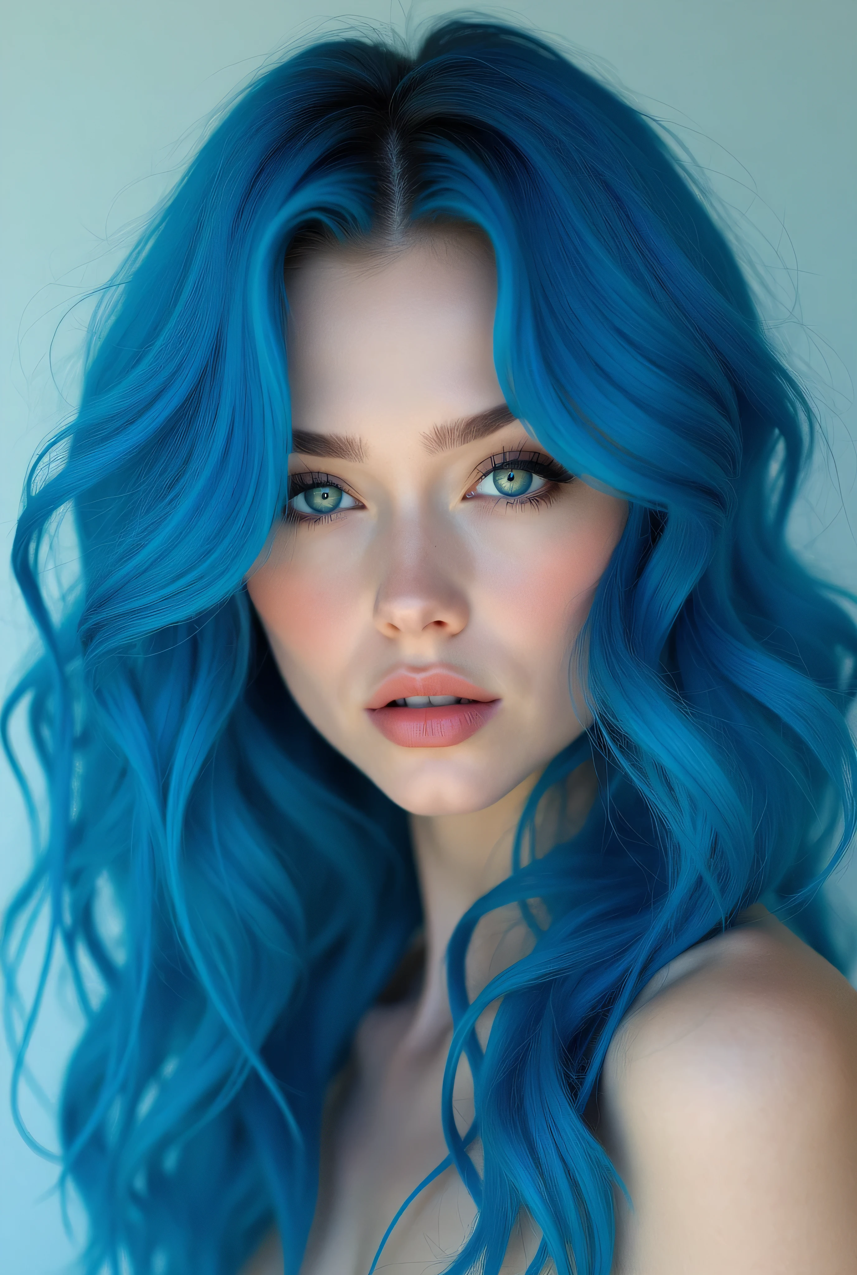 Woman with long blue hair