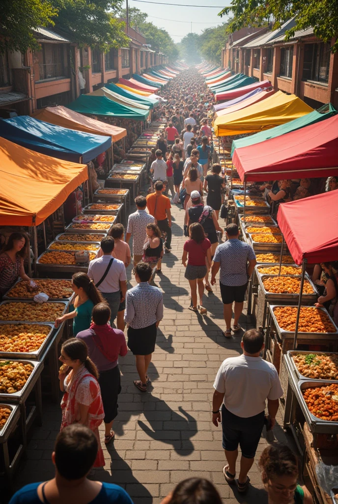 Stands de street food, beaucoup de monde, de bonne chose a manger, Qualité exceptionnelle, detail precis.Œuvre d'art,