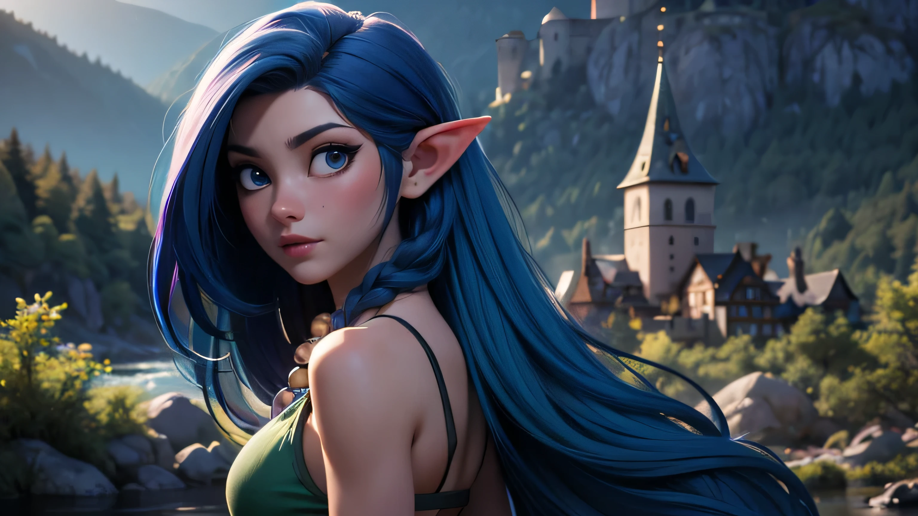 masterpiece, newest, absurdres, masterpiece, highly detailed, beautiful anime, lineart, realistic anime, semi realistic, extremely cute, ((very aesthetic, best quality, ultra detailed)), (perfect face, cute face, like face), fantasy background, extreme colors, Bavarian forest, mountainside, river, castle ruins, intricate details, colorful, ((dramatic lighting)), fantasy, young, girl, ((looking at viewer)), perfect face, ((torn clothes)), twinbraids, blonde, , elf girl, ponytail, sidelocks, pointy ears, sleeveless shirt, green thighhighs, black lips, mascara, Long eyelashes, dark elf, very long hair, multicolored hair, parody, braid, outdoors, messy hair, gradient hair, sleeveless, blue hair, twintails, hair ornament, looking back, bikini top only, tribal, loincloth, torn clothes, beads, hair beads, blue eyes, long hair, blonde hair
