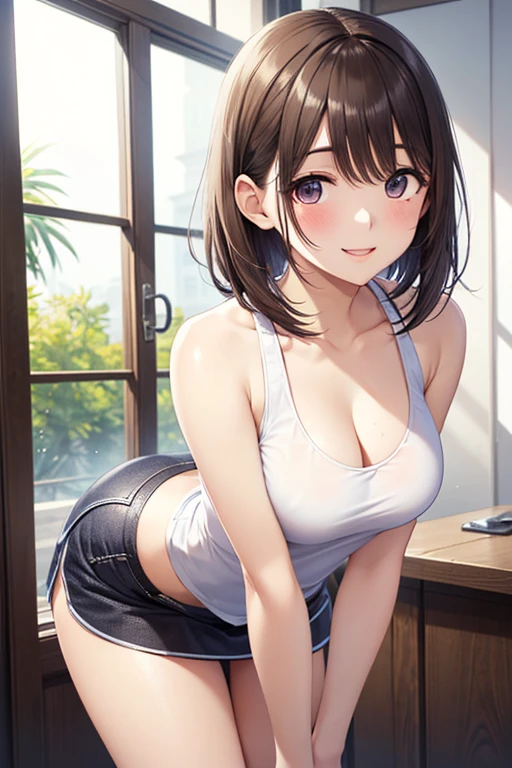 anegasaki nene、 Shiny Maroon Hair ,  short hair , ( brown pretty eyes 、 sparkling eyes , Fine grain)、smile、 super detailed eyes、 very detailed face,  highly detailed eyes,(masterpiece:1.3), cowboy shot, (Only one woman, Alone)、



nsfw,
 1 Woman , brown hair,  Beautiful Low Ponytail Hairstyles , (Miniskirt and big white tank top, (), , 自然なsmile,,,((( lean forward )))、 medium bust、  open your mouth