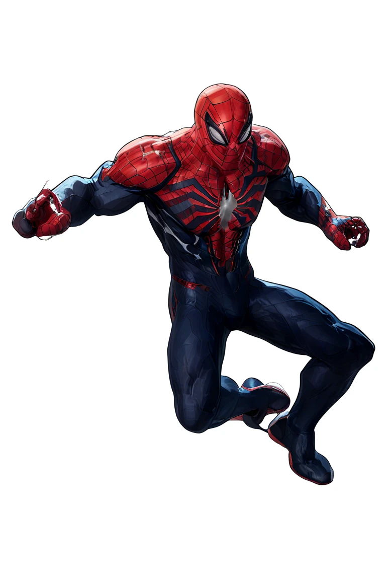 Zane’s costume combines the iconic red and blue of Spider-Man with darker elements to reflect his troubled nature. The suit is made of a flexible yet durable material that can withstand extreme impact and harsh environments. The spider symbol on his chest is stylized, with sharp, jagged lines running through it, representing his venomous nature. His eyes are sharper and more angular, giving him a more menacing appearance. The webbing pattern is more aggressive and pronounced, emphasizing his predatory side