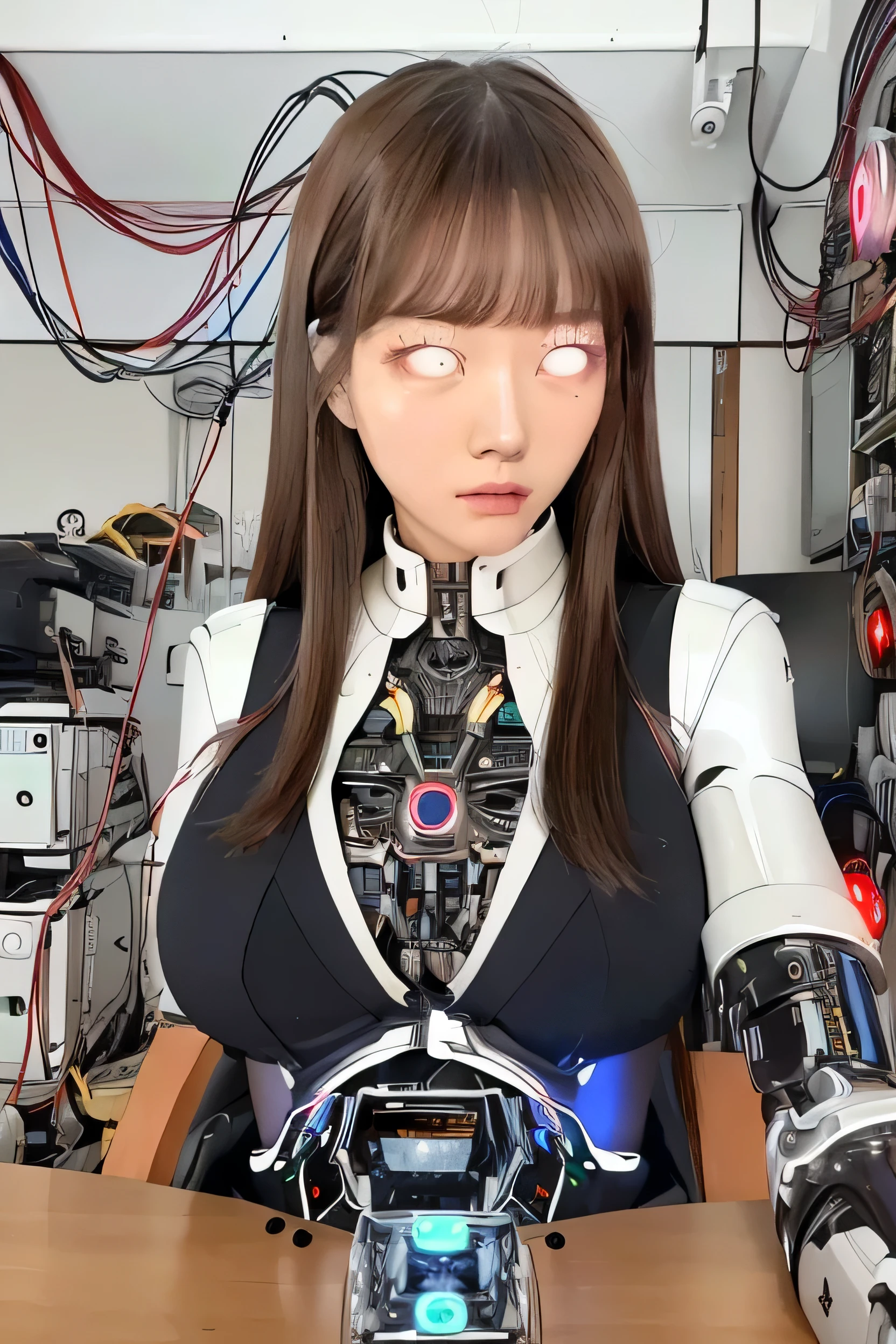 masterpiece, best quality, extremely detailed, Japaese Cyborg girl,Plump , control panels,android,Droid,Mechanical Hand, Robot arms and legs, Black Robot Parts,Black hair,Mechanical body,Blunt bangs,White robotics parts,perfect robot girl,future information counter,reception,long tube,thick cable connected her neck,ceramic body ,mechanical body, ear antenna,mechanical ear cover, loose boots,mechanical costume,android,robot,humanoid,cyborg,information office,japanese android receptionist ,mechanical chest,blue eyes,office-lady,white eyes