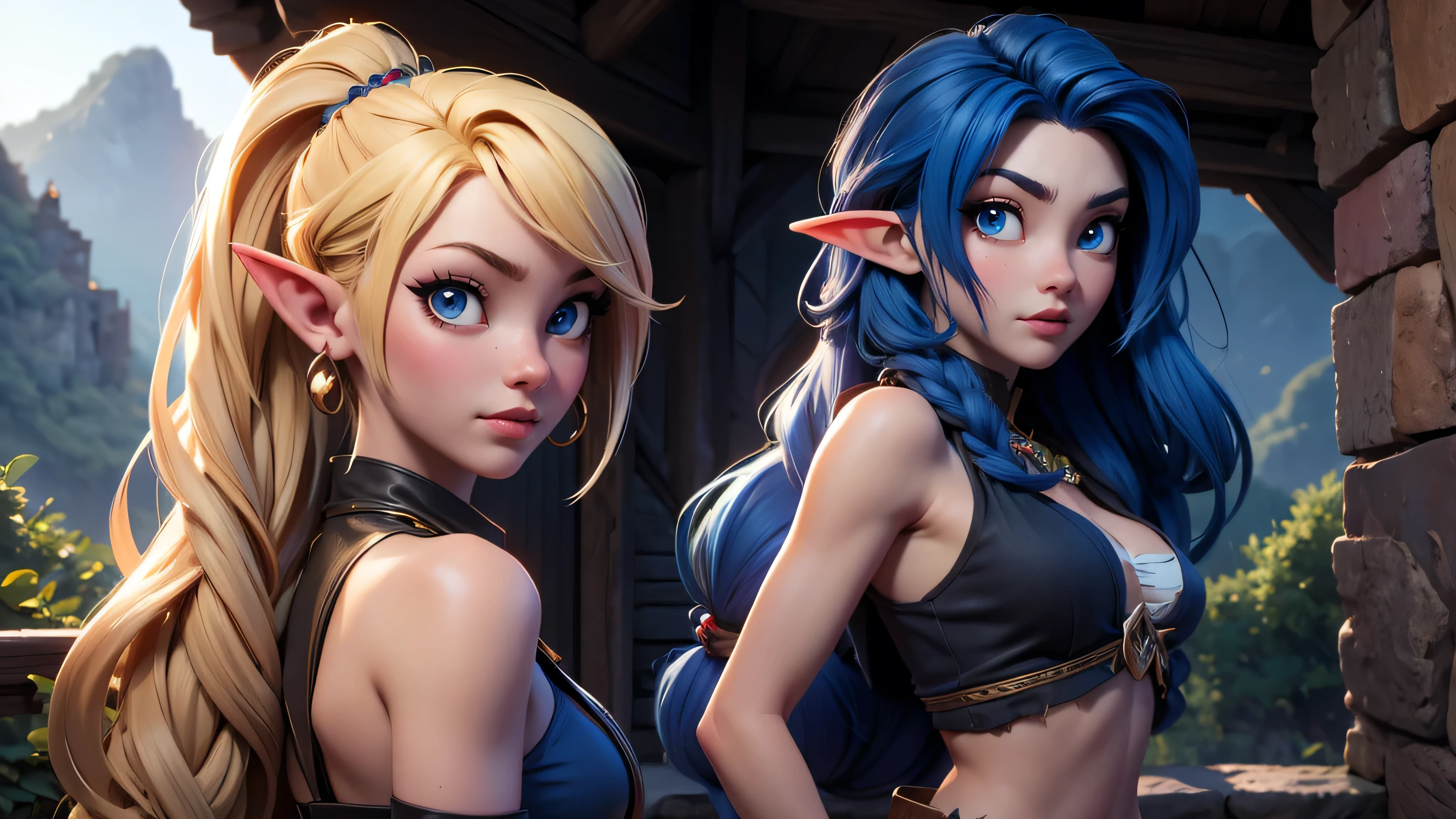 masterpiece, newest, absurdres, masterpiece, highly detailed, beautiful anime, lineart, realistic anime, semi realistic, extremely cute, ((very aesthetic, best quality, ultra detailed)), (perfect face, cute face, like face), fantasy background, extreme colors, Bavarian forest, mountainside, river, castle ruins, intricate details, colorful, ((dramatic lighting)), fantasy, young, girl, ((looking at viewer)), perfect face, ((torn clothes)), twinbraids, blonde, , elf girl, ponytail, sidelocks, pointy ears, sleeveless shirt, green thighhighs, black lips, mascara, Long eyelashes, dark elf, very long hair, multicolored hair, parody, braid, outdoors, messy hair, gradient hair, sleeveless, blue hair, twintails, hair ornament, looking back, bikini top only, tribal, loincloth, torn clothes, beads, hair beads, blue eyes, long hair, blonde hair