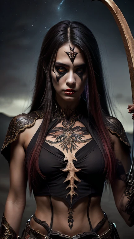 High resolution ultra detailed photography of a female necromancer with a bone scythe in her hand, female necromancer with clothes made of bones, female necromancer in a standing threatening pose looking towards the camera, photo background gloomy at night, The female necromancer's face is that of a Native American woman, face clearly detailed with red eyes, Tattoo Body