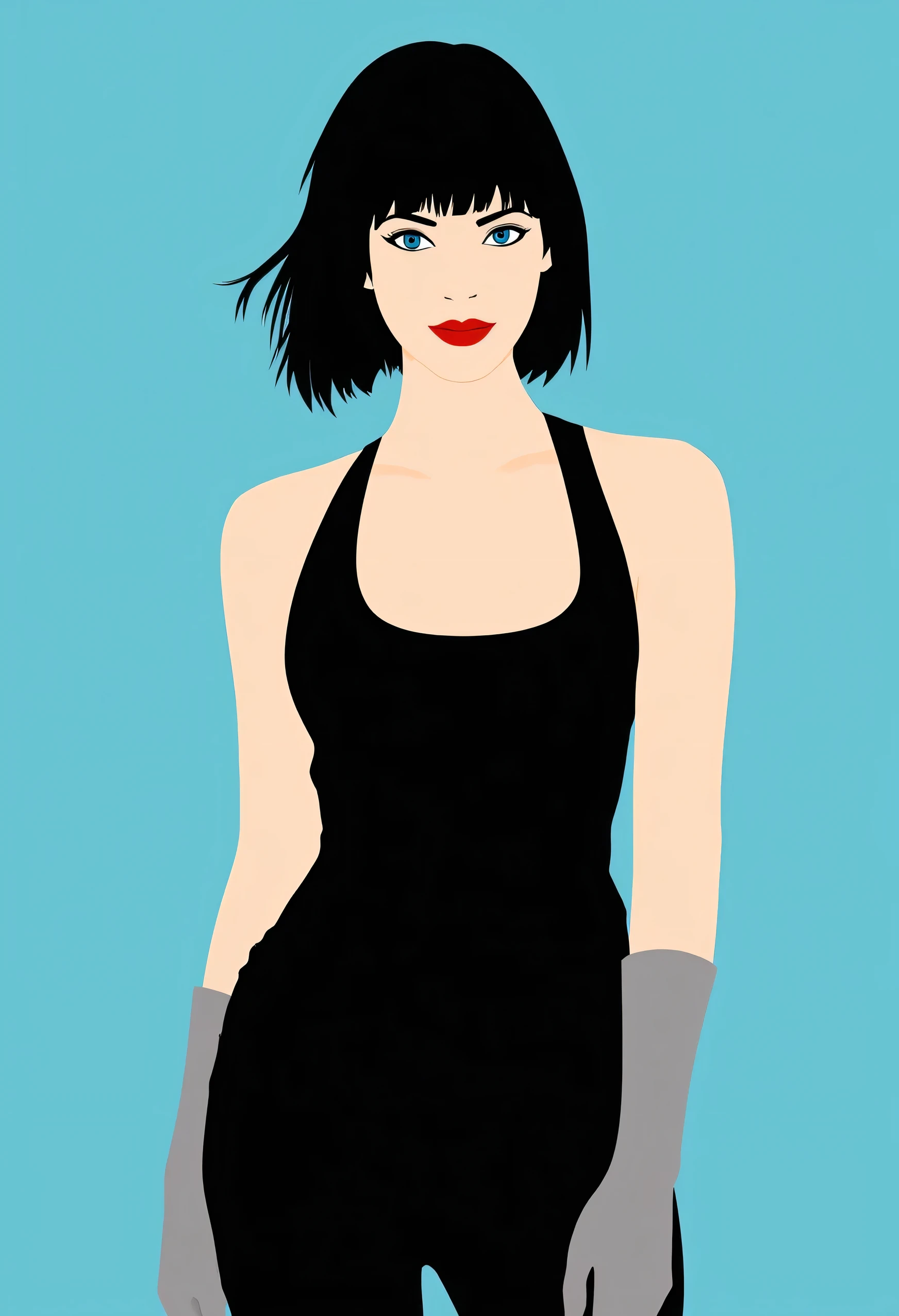 Aesthetically_Pleasant_Pose, 1Woman, Solo, Stencil, close up, A captivating simple Vector art of a black bob hair female wearing a sleeveless black spaghetti strap dress with blue eyes, and a red lip, bare shoulders, blue background. Standing up, it’s a very minimalist simple vector illustration with minimal colors, upper body, looking at viewers, hands on hip, grey short gloves, 