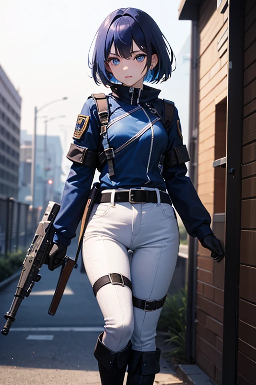 Anime style girl with futuristic combat clothing for Secret Agent   ,   short black hair with tips dyed dark blue    ,     designed with a modern and bold style    . Her hair is slightly disheveled to give it a dynamic and youthful touch. Her eyes are large and a deep blue color,  that reflect trust and strength    .
1. General tones     :      Dark colors such as black and metallic gray     ,      with shiny details in shades of neon blue and purple that give her a modern look     .


2. jacket:  A fitted jacket with a metallic finish .      It has luminous patterns on the edges and shoulders     ,      suggesting advanced functionality     ,      perhaps such as light armor     .


3. Gloves: Gloves largos y ajustados que parecen tener paneles tecnológicos en las muñecas,      with bright lines that connect with the rest of the suit     .


4.      Belt and details     :      A belt with a utility design     ,      predominant with compartments that could be tools or small weapons      ,      according to a combat style in an advanced environment     .


5.      Pants and boots     :      Tight pants with technological details and visible seams that are combined with tall boots of resistant design,      ideal for difficult terrain or action scenarios     .


6.      Additional elements     :    The outfit includes metal plates in some areas and small accessories that     