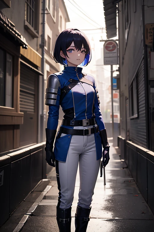 Anime style girl with futuristic combat clothing for Secret Agent   ,   short black hair with tips dyed dark blue    ,     designed with a modern and bold style    . Her hair is slightly disheveled to give it a dynamic and youthful touch. Her eyes are large and a deep blue color,  that reflect trust and strength    .
1. General tones     :      Dark colors such as black and metallic gray     ,      with shiny details in shades of neon blue and purple that give her a modern look     .


2. jacket:  A fitted jacket with a metallic finish .      It has luminous patterns on the edges and shoulders     ,      suggesting advanced functionality     ,      perhaps such as light armor     .


3. Gloves: Gloves largos y ajustados que parecen tener paneles tecnológicos en las muñecas,      with bright lines that connect with the rest of the suit     .


4.      Belt and details     :      A belt with a utility design     ,      predominant with compartments that could be tools or small weapons      ,      according to a combat style in an advanced environment     .


5.      Pants and boots     :      Tight pants with technological details and visible seams that are combined with tall boots of resistant design,      ideal for difficult terrain or action scenarios     .


6.      Additional elements     :    The outfit includes metal plates in some areas and small accessories that     