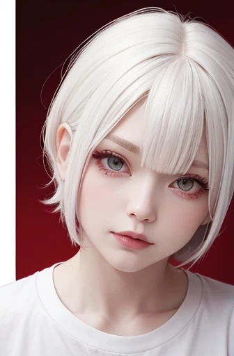 ((Close-up of a woman with tattoos on her chest)), girl, ((Short white hair with bangs, Black strands of hair)), Purple eyes, White T-shirt and white cape, Pendant around the neck. 超High resolution.Photorealistic. 超High resolution.Photorealistic:1.4,超High resolution. Realistic,High resolutionで, masterpiece, Highest quality, Very detailed, Better Shadows, Volumetric lighting), super high quality, High resolution, 8k, 超Realisticな肖像画 , Photorealistic, Dynamic Lighting, Volumetric lighting, Very detailed顔,(NSFW:0.8),Large Breasts