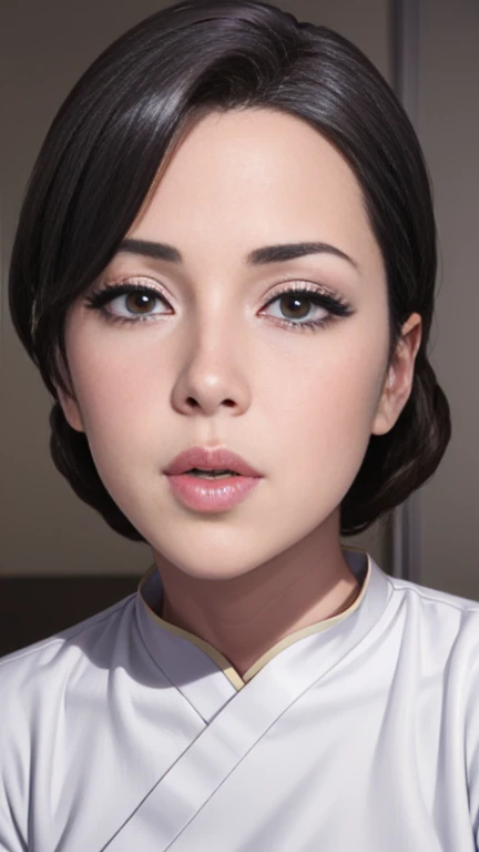 (a masterpiece portrait of a woman with ultra detailed features, in 8K resolution, with crisp quality and vibrant colors),  flat chest, 40-year-old woman、( realistic facial wrinkles:1.4)、Perfect Makeup、 shiny red lips、Thick lips、Clear eyeliner、Dark eyeshadow、long eyelashes、Kissing Face、throw、Chin up、 eyes half open、 open the opening slightly、 off-shoulder t-shirt、