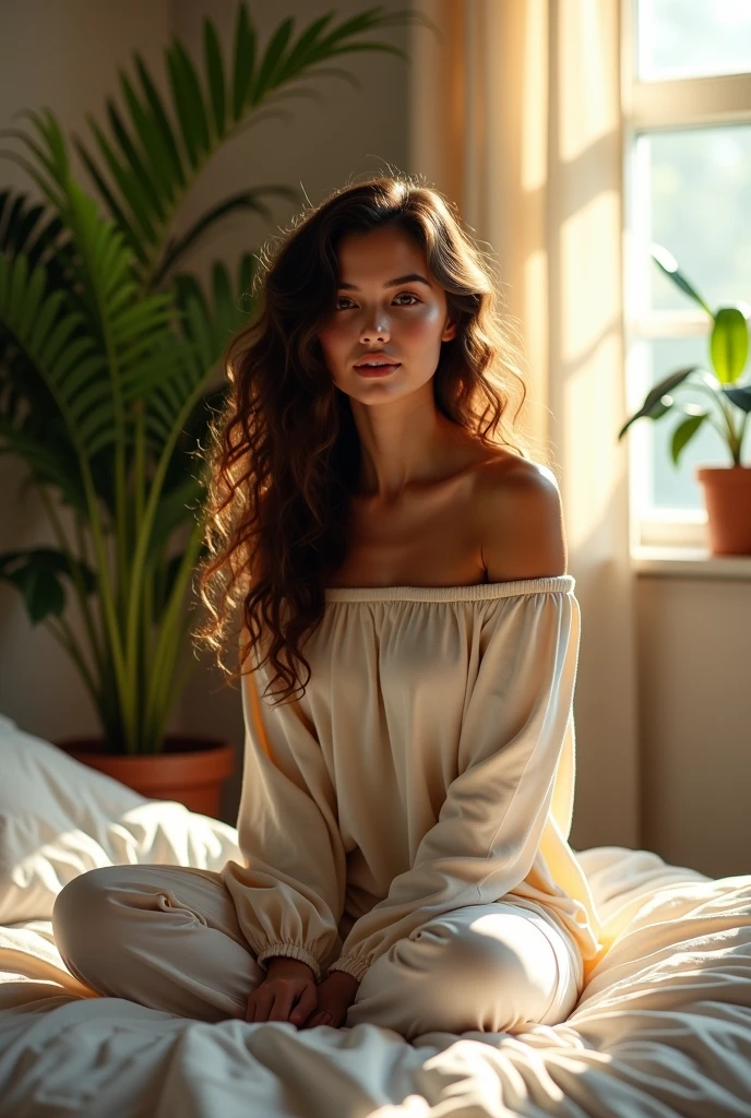 (photorealism:1.2), beautiful woman, sitting on bed, wearing loose off-shoulder top, pajama pants, long curly hair, indoors, soft lighting, plants in background, window with sunlight, cozy room, relaxed pose, realistic, intricate details, warm colors, by Greg Rutkowski, by Alphonse Mucha