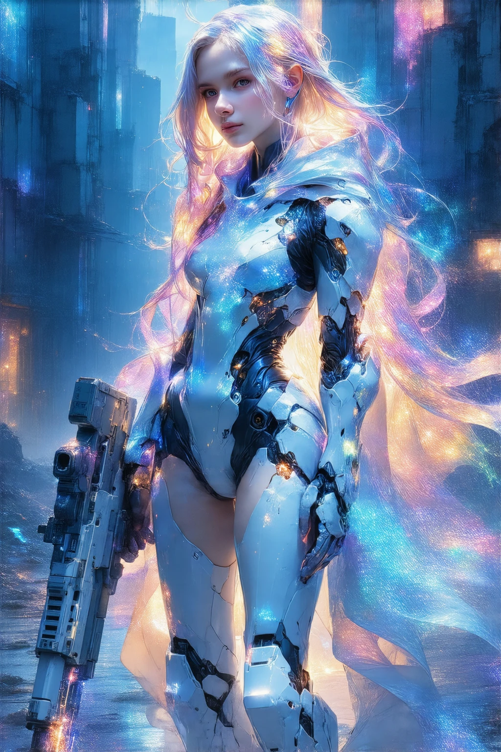 A young, slender cyber warrior stands triumphantly amidst a dystopian metropolis in ruins, clad in a radiant, high-tech exosuit that radiates an ethereal glow. Her kaleidoscopic, rainbow-colored locks flow behind her like a celestial aura, as she confidently grasps a sleek, high-tech cyber rifle. Her feet are encased in advanced, futuristic cyber boots, engineered for speed and agility. Set against a gritty, neon-drenched backdrop, she embodies the essence of a cyberpunk heroine, radiating power and resilience in a world on the brink of collapse. Capture her in stunning, photorealistic detail, with a deep depth of field and a resolution of 8K, as if she's stepping out of a futuristic dreamscape.