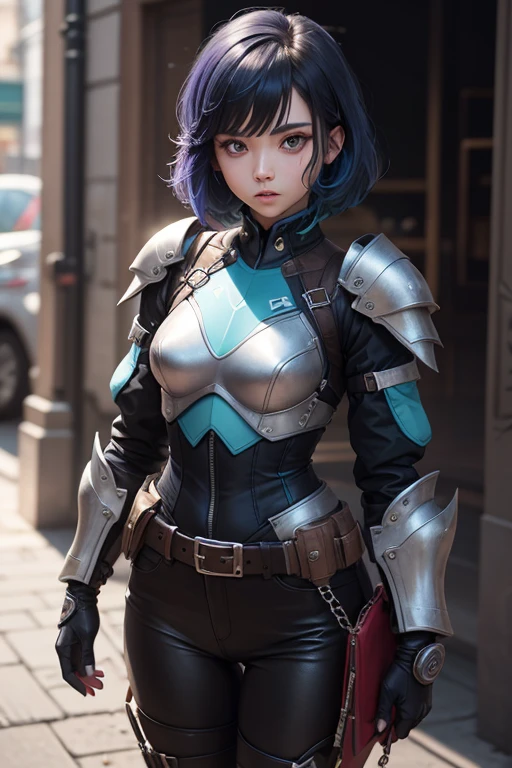 Anime style girl with futuristic combat clothing for Secret Agent   ,   short black hair with tips dyed dark blue    ,     designed with a modern and bold style    . Her hair is slightly disheveled to give it a dynamic and youthful touch. Her eyes are large and a deep blue color,  that reflect trust and strength    .
1. General tones     :      Dark colors such as black and metallic gray     ,      with shiny details in shades of neon blue and purple that give her a modern look     .


2. jacket:  A fitted jacket with a metallic finish .      It has luminous patterns on the edges and shoulders     ,      suggesting advanced functionality     ,      perhaps such as light armor     .


3. Gloves: Gloves largos y ajustados que parecen tener paneles tecnológicos en las muñecas,      with bright lines that connect with the rest of the suit     .


4.      Belt and details     :      A belt with a utility design     ,      predominant with compartments that could be tools or small weapons      ,      according to a combat style in an advanced environment     .


5.      Pants and boots     :      Tight pants with technological details and visible seams that are combined with tall boots of resistant design,      ideal for difficult terrain or action scenarios     .


6.      Additional elements     :    The outfit includes metal plates in some areas and small accessories that     