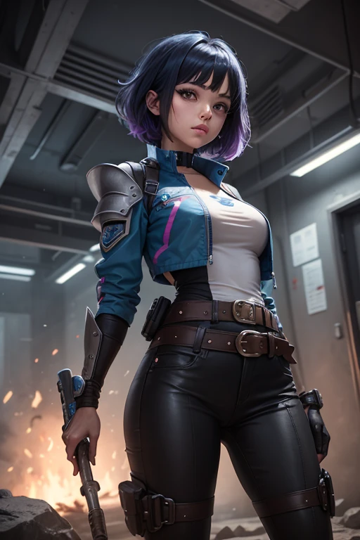 Anime style girl with futuristic combat clothing for Secret Agent   ,   short black hair with tips dyed dark blue    ,     designed with a modern and bold style    . Her hair is slightly disheveled to give it a dynamic and youthful touch. Her eyes are large and a deep blue color,  that reflect trust and strength    .
1. General tones     :      Dark colors such as black and metallic gray     ,      with shiny details in shades of neon blue and purple that give her a modern look     .


2. jacket:  A fitted jacket with a metallic finish .      It has luminous patterns on the edges and shoulders     ,      suggesting advanced functionality     ,      perhaps such as light armor     .


3. Gloves: Gloves largos y ajustados que parecen tener paneles tecnológicos en las muñecas,      with bright lines that connect with the rest of the suit     .


4.      Belt and details     :      A belt with a utility design     ,      predominant with compartments that could be tools or small weapons      ,      according to a combat style in an advanced environment     .


5.      Pants and boots     :      Tight pants with technological details and visible seams that are combined with tall boots of resistant design,      ideal for difficult terrain or action scenarios     .


6.      Additional elements     :    The outfit includes metal plates in some areas and small accessories that     