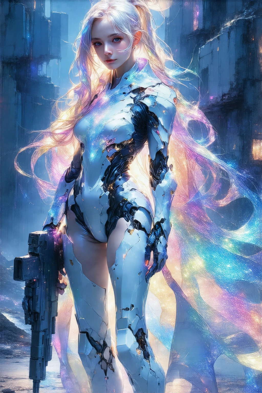 A young, slender cyber warrior stands triumphantly amidst a dystopian metropolis in ruins, clad in a radiant, high-tech exosuit that radiates an ethereal glow. Her kaleidoscopic, rainbow-colored locks flow behind her like a celestial aura, as she confidently grasps a sleek, high-tech cyber rifle. Her feet are encased in advanced, futuristic cyber boots, engineered for speed and agility. Set against a gritty, neon-drenched backdrop, she embodies the essence of a cyberpunk heroine, radiating power and resilience in a world on the brink of collapse. Capture her in stunning, photorealistic detail, with a deep depth of field and a resolution of 8K, as if she's stepping out of a futuristic dreamscape.