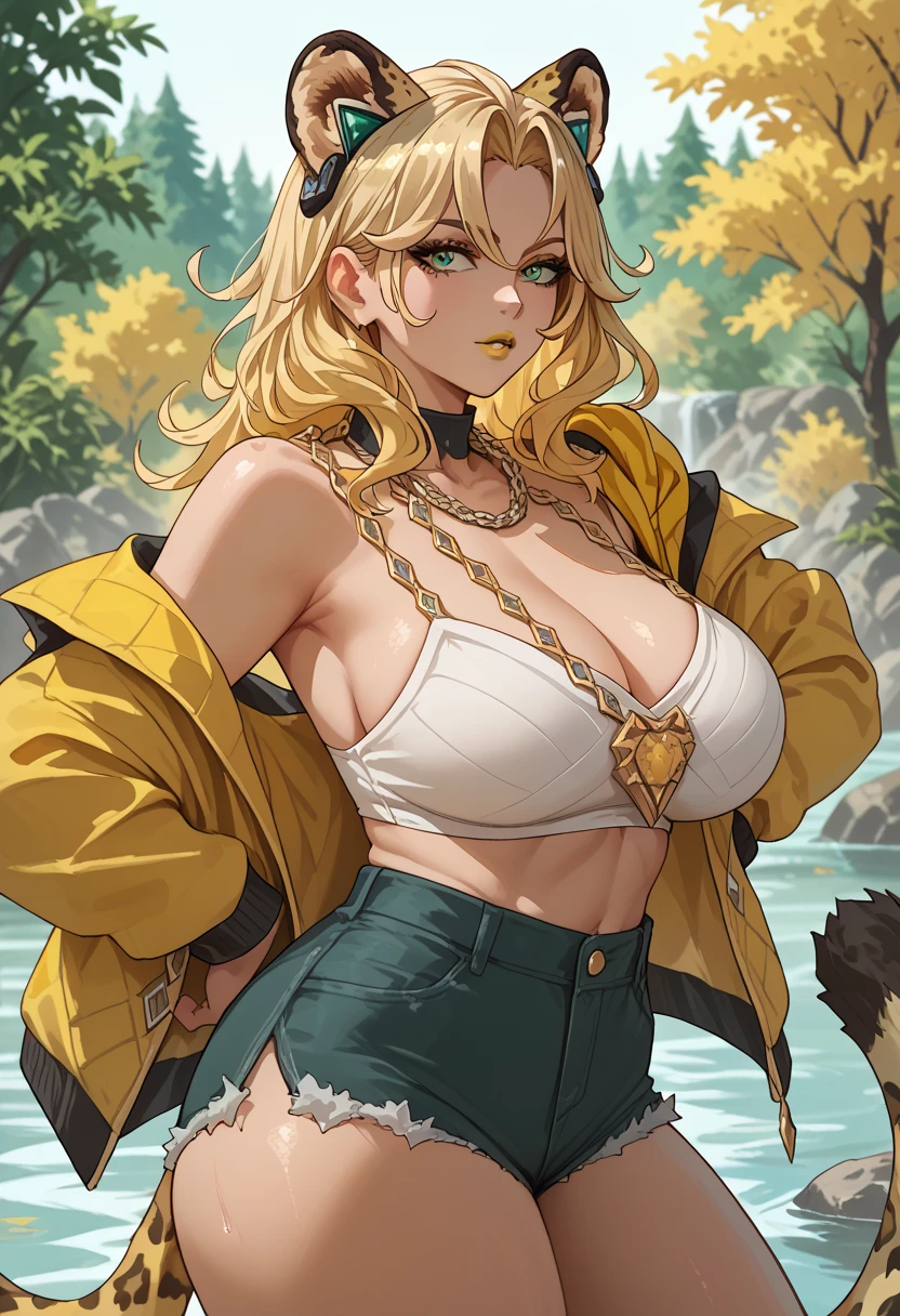 woman, anime style, big breasts, yellow lipstick, white skin, blonde hair, leopard ears, leopard tail, green eyes, open yellow jacket, gold chain around the neck, short shorts, white top, Xilonen 