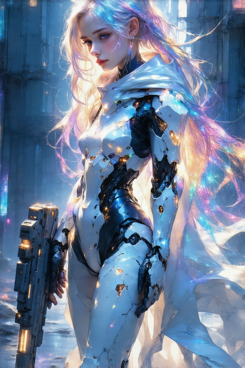 A young, slender cyber warrior stands triumphantly amidst a dystopian metropolis in ruins, clad in a radiant, high-tech exosuit that radiates an ethereal glow. Her kaleidoscopic, rainbow-colored locks flow behind her like a celestial aura, as she confidently grasps a sleek, high-tech cyber rifle. Her feet are encased in advanced, futuristic cyber boots, engineered for speed and agility. Set against a gritty, neon-drenched backdrop, she embodies the essence of a cyberpunk heroine, radiating power and resilience in a world on the brink of collapse. Capture her in stunning, photorealistic detail, with a deep depth of field and a resolution of 8K, as if she's stepping out of a futuristic dreamscape.