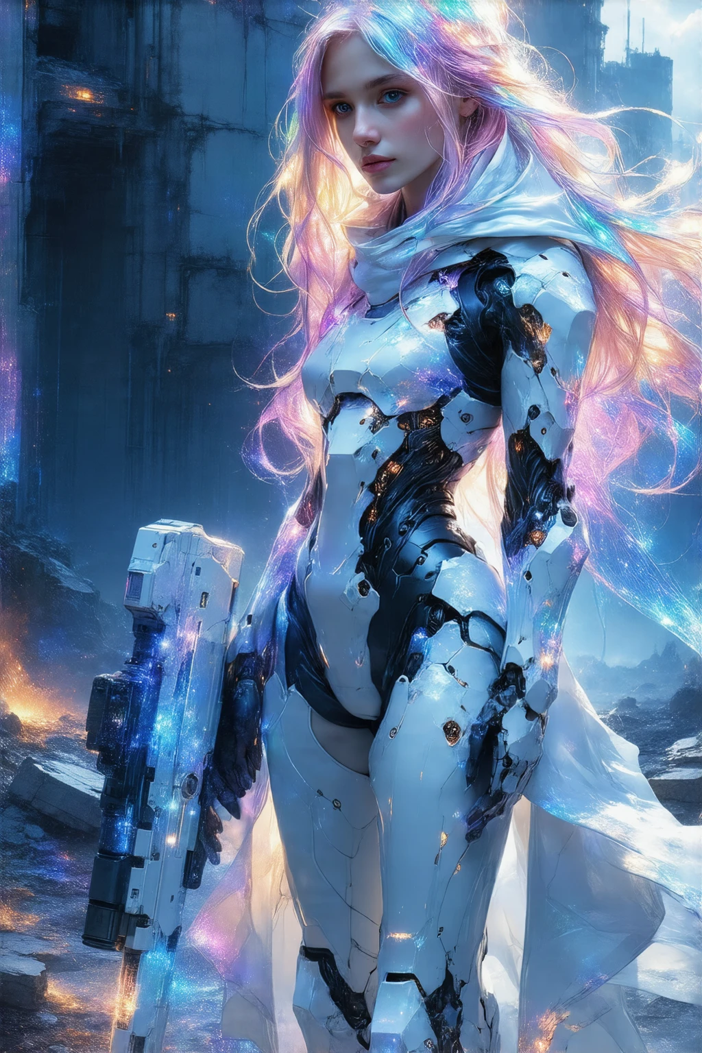 A young, slender cyber warrior stands triumphantly amidst a dystopian metropolis in ruins, clad in a radiant, high-tech exosuit that radiates an ethereal glow. Her kaleidoscopic, rainbow-colored locks flow behind her like a celestial aura, as she confidently grasps a sleek, high-tech cyber rifle. Her feet are encased in advanced, futuristic cyber boots, engineered for speed and agility. Set against a gritty, neon-drenched backdrop, she embodies the essence of a cyberpunk heroine, radiating power and resilience in a world on the brink of collapse. Capture her in stunning, photorealistic detail, with a deep depth of field and a resolution of 8K, as if she's stepping out of a futuristic dreamscape.