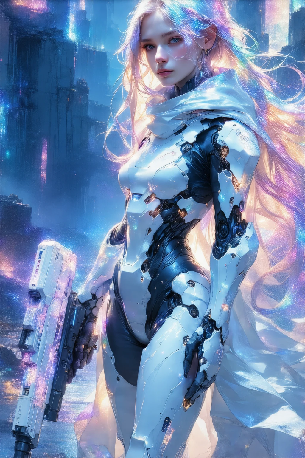 A young, slender cyber warrior stands triumphantly amidst a dystopian metropolis in ruins, clad in a radiant, high-tech exosuit that radiates an ethereal glow. Her kaleidoscopic, rainbow-colored locks flow behind her like a celestial aura, as she confidently grasps a sleek, high-tech cyber rifle. Her feet are encased in advanced, futuristic cyber boots, engineered for speed and agility. Set against a gritty, neon-drenched backdrop, she embodies the essence of a cyberpunk heroine, radiating power and resilience in a world on the brink of collapse. Capture her in stunning, photorealistic detail, with a deep depth of field and a resolution of 8K, as if she's stepping out of a futuristic dreamscape.