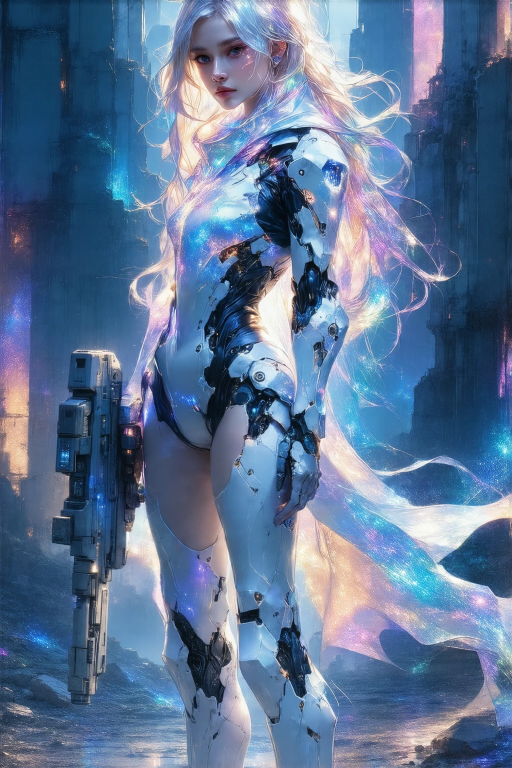 A young, slender cyber warrior stands triumphantly amidst a dystopian metropolis in ruins, clad in a radiant, high-tech exosuit that radiates an ethereal glow. Her kaleidoscopic, rainbow-colored locks flow behind her like a celestial aura, as she confidently grasps a sleek, high-tech cyber rifle. Her feet are encased in advanced, futuristic cyber boots, engineered for speed and agility. Set against a gritty, neon-drenched backdrop, she embodies the essence of a cyberpunk heroine, radiating power and resilience in a world on the brink of collapse. Capture her in stunning, photorealistic detail, with a deep depth of field and a resolution of 8K, as if she's stepping out of a futuristic dreamscape.