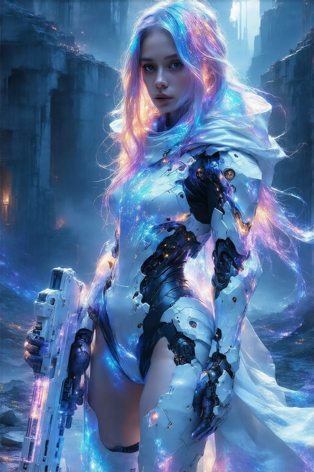 A young, slender cyber warrior stands triumphantly amidst a dystopian metropolis in ruins, clad in a radiant, high-tech exosuit that radiates an ethereal glow. Her kaleidoscopic, rainbow-colored locks flow behind her like a celestial aura, as she confidently grasps a sleek, high-tech cyber rifle. Her feet are encased in advanced, futuristic cyber boots, engineered for speed and agility. Set against a gritty, neon-drenched backdrop, she embodies the essence of a cyberpunk heroine, radiating power and resilience in a world on the brink of collapse. Capture her in stunning, photorealistic detail, with a deep depth of field and a resolution of 8K, as if she's stepping out of a futuristic dreamscape.