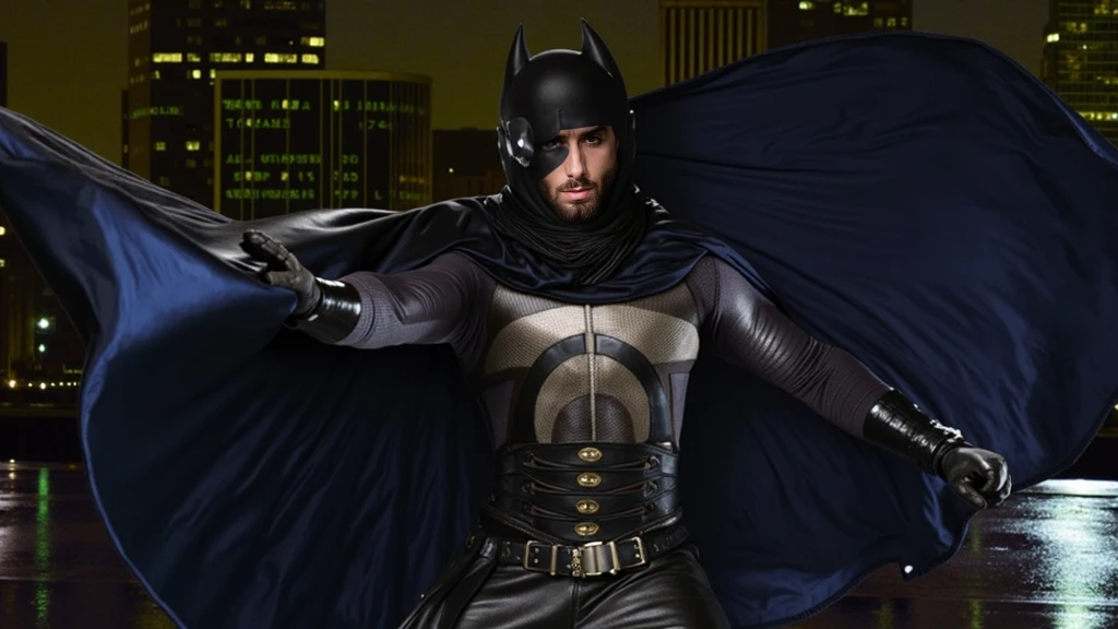 Indian Man wearing Only a Shiny Black Latex Short Underpants, Shirtless, No tops, Bare Body, Batman Mask Covering Eyes Only, Hairs Uncovered, Mask do not Cover Hair, Golden Batman Symbol Belt, Medium Long curly Hair falling aside face, Beards, Black Cape, Big Dick, Bulky Physique, Hairy Body, Tan Skin Complexion, Standing, Crossed Arms, Dark Semi-ruined Gotham Cyberpunk City in Background