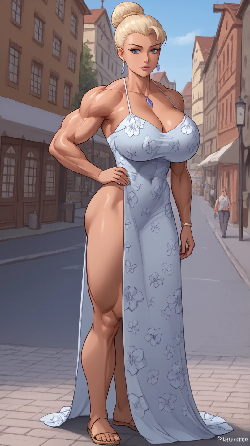 Sexy muscular woman walks in a small town, she is very muscular and beautiful, massive bulging musculature, she wears floral silky dress, light flowing dress, muscles bulging under the fabric