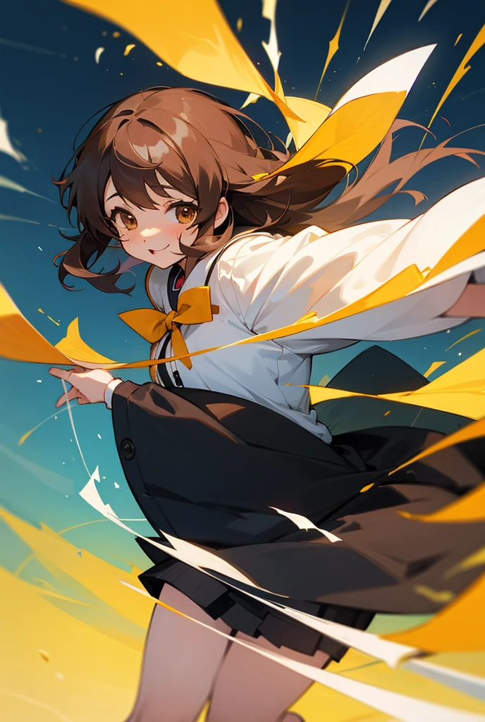 Thick Coating, young, pretty girl, Brown Hair, Short Hair,Pikachu's ears, Yellow clothes, poncho, Black skirt underneath, blue eyes,Facing forward,VTuber,Girl,whole body,upright,Arms at your sides,Looking at the front,Simple Background,1 girl,Open your mouth,blue eyes,smile,Virtual YouTuber