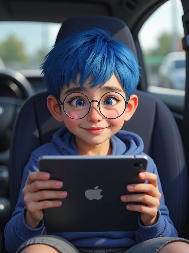  , boy, blue haired, with round glasses, smiling,  with a tablet in his hand ,  inside a car 