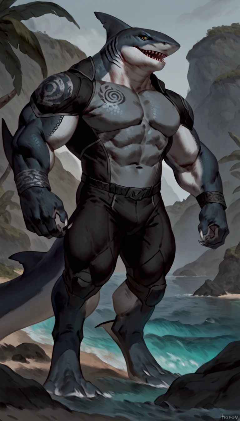 sharkman, anthro megalodon, hunk, black and blue hands and fins, black back, solo, big arms, bara, detailed smooth skin, lizard shark hybrid, anthro, closed mouth, predatory grin, detailed scales, muscular, thick legs, proporcional body, wide chest, trapezoid body type, marked jaw, thick shark tail, armless bodysuit, best quality, 4k, ultra-detailed, by Buta99, by honovy, detailed illustration of 4K horror, island beach scenery, wearing pants, tribal shark tattoos on the body, standing near water