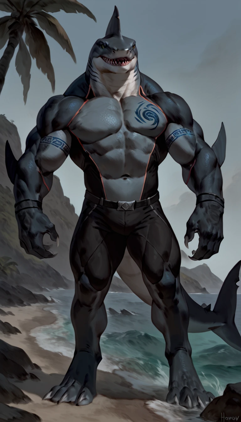 sharkman, anthro megalodon, hunk, black and blue hands and fins, black back, solo, big arms, bara, detailed smooth skin, lizard shark hybrid, anthro, closed mouth, predatory grin, detailed scales, muscular, thick legs, proporcional body, wide chest, trapezoid body type, marked jaw, thick shark tail, armless bodysuit, best quality, 4k, ultra-detailed, by Buta99, by honovy, detailed illustration of 4K horror, island beach scenery, wearing pants, tribal shark tattoos on the body, standing near water