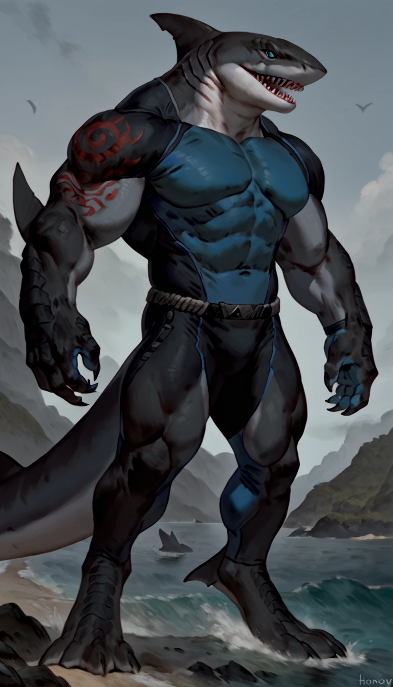 sharkman, anthro megalodon, hunk, black and blue hands and fins, black back, solo, big arms, bara, detailed smooth skin, lizard shark hybrid, anthro, closed mouth, predatory grin, detailed scales, muscular, thick legs, proporcional body, wide chest, trapezoid body type, marked jaw, thick shark tail, armless bodysuit, best quality, 4k, ultra-detailed, by Buta99, by honovy, detailed illustration of 4K horror, island beach scenery, wearing pants, tribal shark tattoos on the body, standing near water