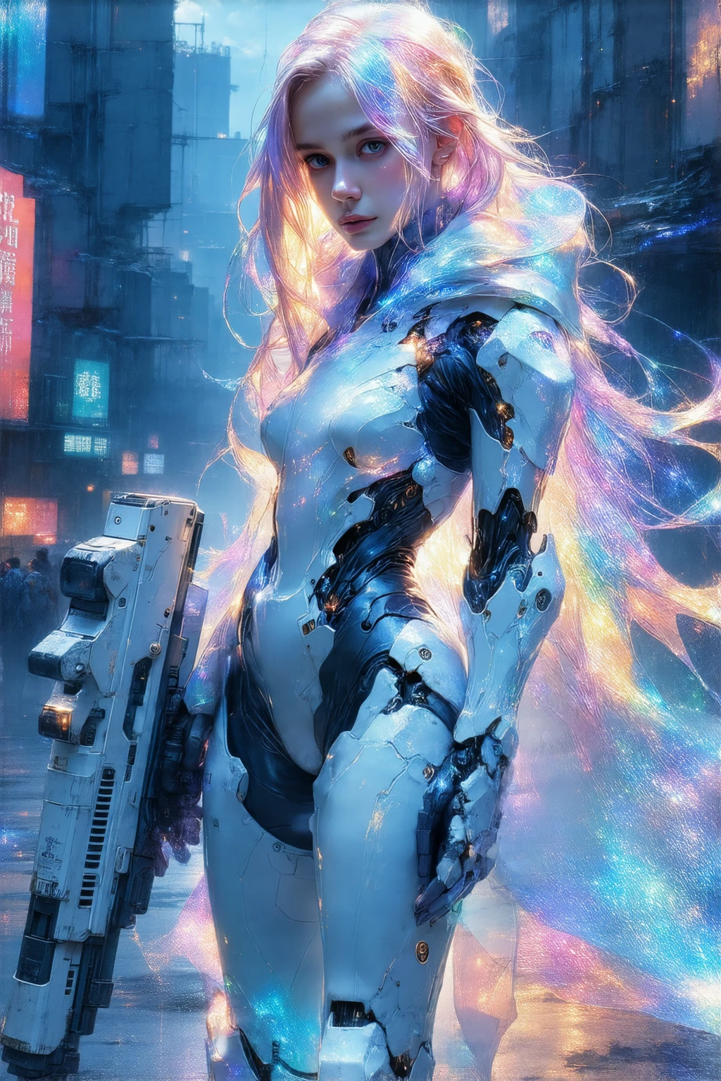 A young, slender cyber warrior stands triumphantly amidst a dystopian metropolis in ruins, clad in a radiant, high-tech exosuit that radiates an ethereal glow. Her kaleidoscopic, rainbow-colored locks flow behind her like a celestial aura, as she confidently grasps a sleek, high-tech cyber rifle. Her feet are encased in advanced, futuristic cyber boots, engineered for speed and agility. Set against a gritty, neon-drenched backdrop, she embodies the essence of a cyberpunk heroine, radiating power and resilience in a world on the brink of collapse. Capture her in stunning, photorealistic detail, with a deep depth of field and a resolution of 8K, as if she's stepping out of a futuristic dreamscape.