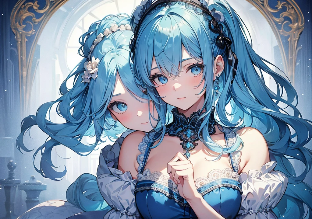 (masterpiece),(ultra-detailed), (high quality), (high resolution), (best quality:1.5, highres, UHD), highres, absurdo, ultra detail, ultra quality, Ultra resolution, 16k, ((2heads:1.5)), 1girl, ((anime girl with two heads)), snowy white and blue hair with white streaks, white kimono dress, casual wear, living room background, smiling, glowing icy blue eyeature woman)), seductive silhouette, smooth and lustrous skin, blushing aroused