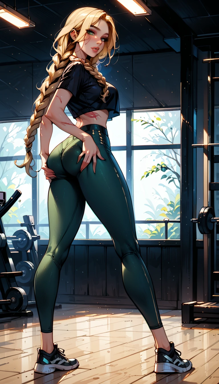 Dark Fantasy Art of score_9, score_8_up, score_7_up, rating_questionable, fantasy, lighting, epiCPhoto, 1girl, very sexy (cammySDXL, blonde hair, long hair, twin braids, scar on face:1.1), beautiful waifu, yogapants, dark green yoga pants, standing in gym, long legs, sneakers, round butt, thicc, (hands on butt, butt lift:1.3), solo, cute, flirt, gaze, sexy look, half-closed eyes, head tilt, filled lips, thick lips, makeup, modelling shoot, sexy pose, dark, moody, dark fantasy style.