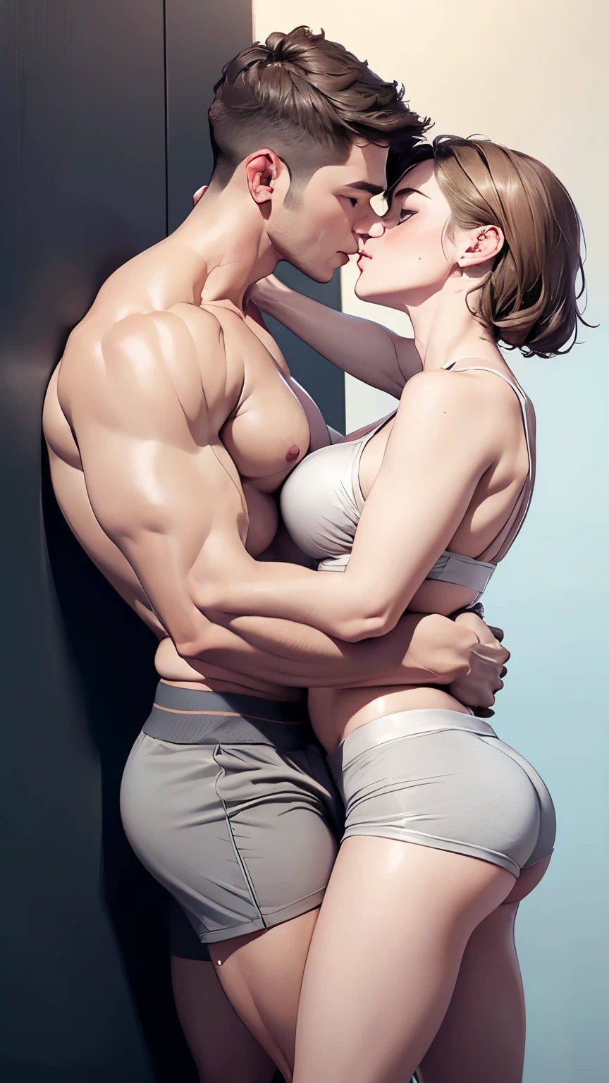 Photorealistic skimpy couple of a curvy girl sitting beside TOPLESS GIANT HYPERSIZED TALL TOPLESS  hypermuscular guy , her legs wrapped around his body  ABSOLUTELY HYPER OVERSIZED guy. hyper size difference between guy and girl .BEDROOM.NIGHT.guy wears black shoes .Girl cuddling his muscular torso.Girl sucking kissing his chest.Kiss marks on guy's chest.