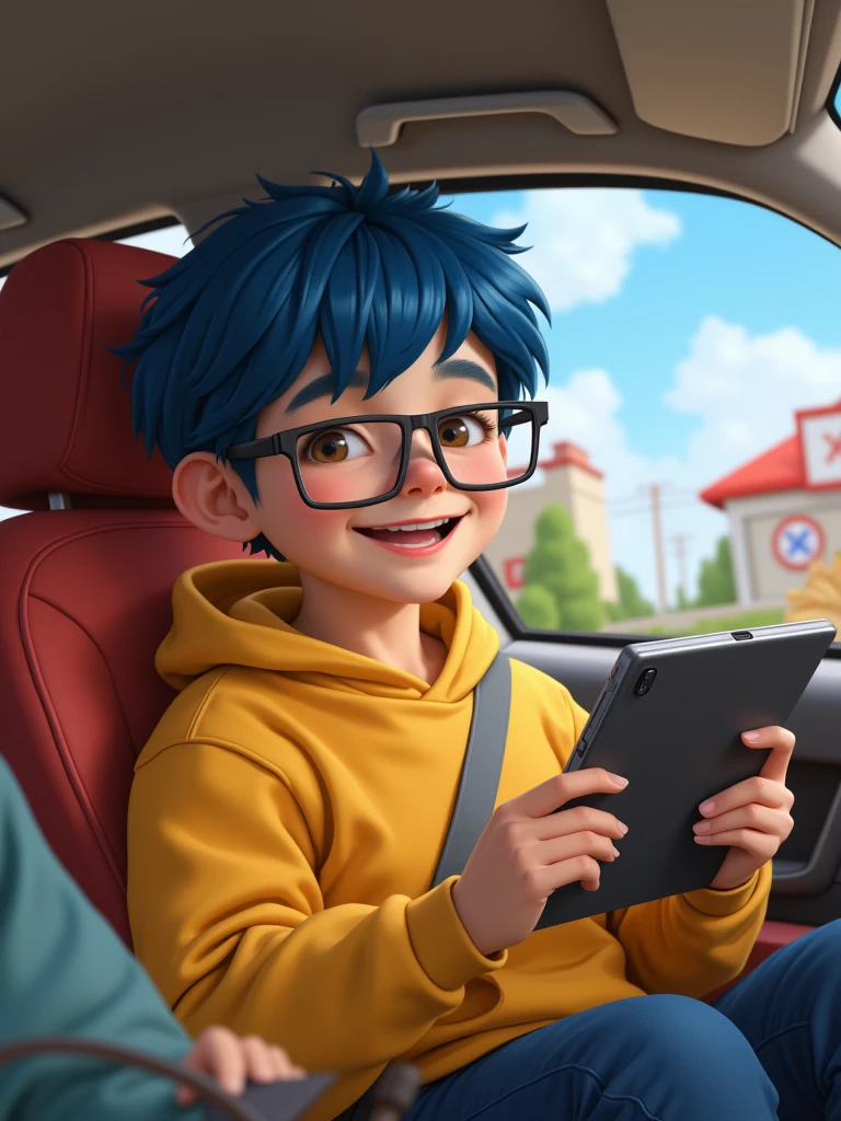  , boy, blue haired, wearing rectangular glasses, the yellow sweatshirt, brown eyes smiling ,  with a tablet in his hand ,  inside a car going to a drive-thru