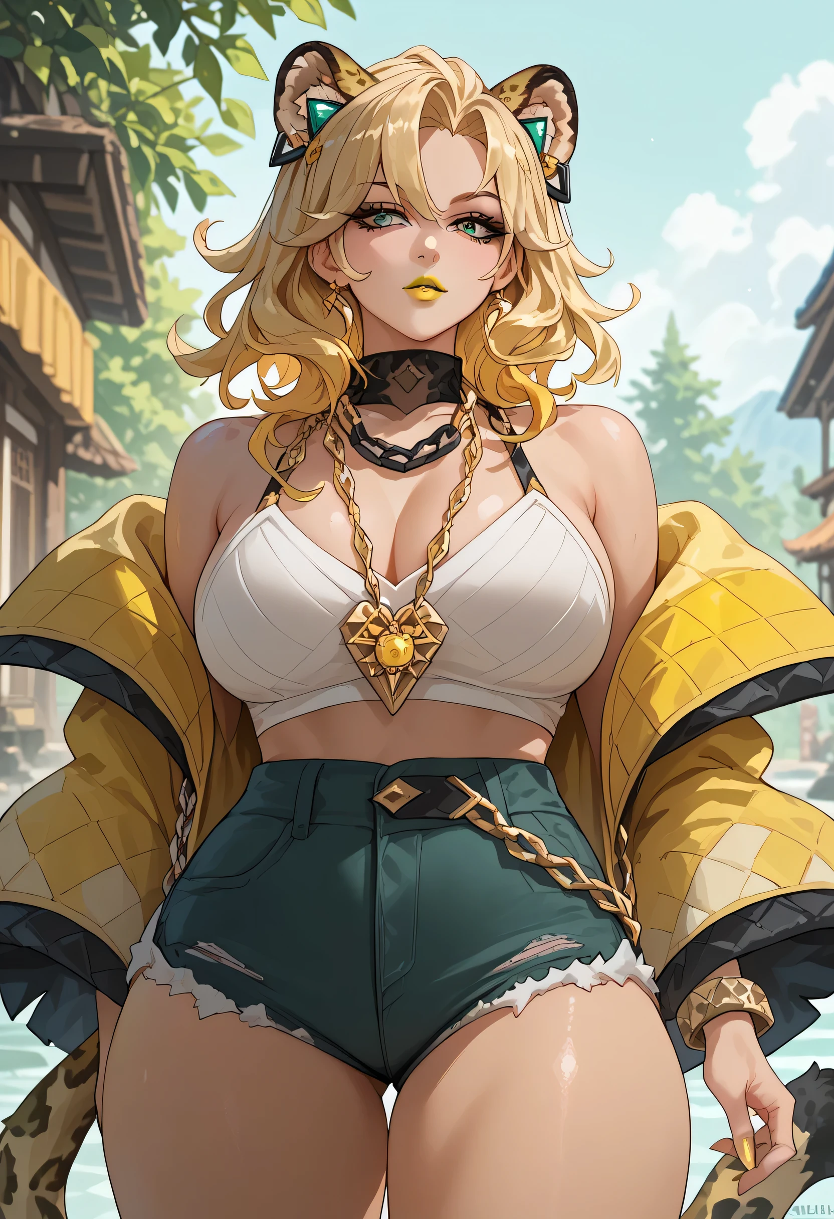 woman, anime style, big breasts, yellow lipstick, white skin, blonde hair, leopard ears, leopard tail, green eyes, open yellow jacket, gold chain around the neck, short shorts, white top, Xilonen 