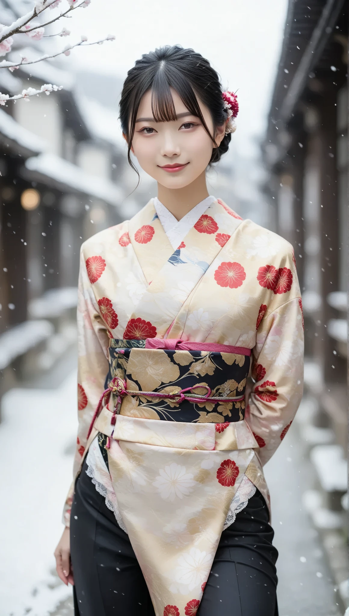 (score_9, score_8_  up, score_7_  up,   very detailed),    Breathtakingly beautiful long Japanese woman   ,    black hair like silk  ,  What's Included 。.   she has a radiant smile  , And a confident  graceful attitude,  behind her back  confident ,  Elegant Attitudes .  She is outdoors in a snowy lscape ,    poses with her back slightly bent    ,  she is folding her hs behind her back ,    accentuates her graceful posture   .    、 Soft steam  haze in a modern kimono  printed panties , Add depth  realism .  She is in a dynamic pose ,   crouched  legs spread  .   High resolution 32k  ,     masterpiece level details    , hauzmo style    .