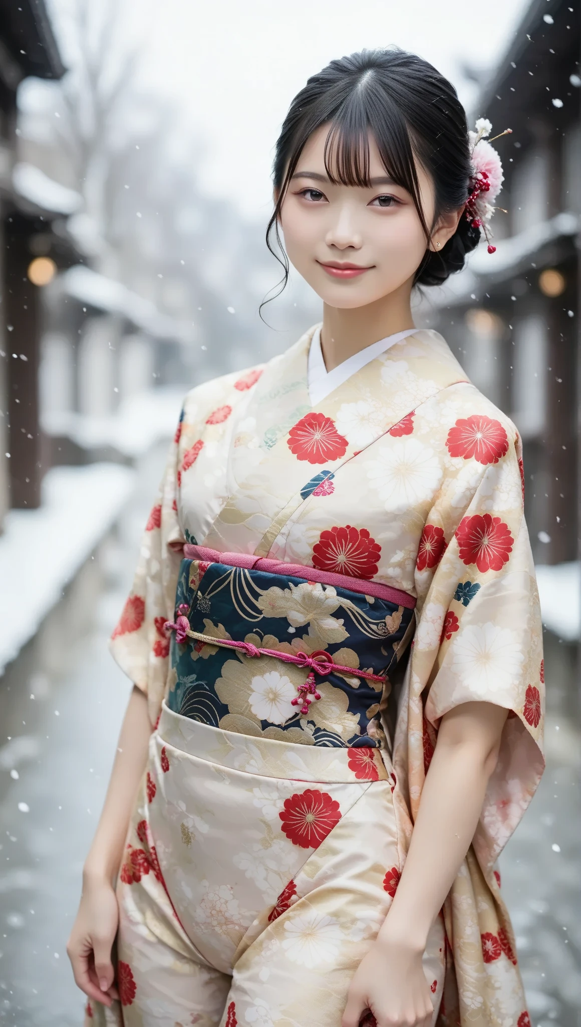 (score_9, score_8_  up, score_7_  up,   very detailed),    Breathtakingly beautiful long Japanese woman   ,    black hair like silk  ,  What's Included 。.   she has a radiant smile  , And a confident  graceful attitude,  behind her back  confident ,  Elegant Attitudes .  She is outdoors in a snowy lscape ,    poses with her back slightly bent    ,  she is folding her hs behind her back ,    accentuates her graceful posture   .    、 Soft steam  haze in a modern kimono  printed panties , Add depth  realism .  She is in a dynamic pose ,   crouched  legs spread  .   High resolution 32k  ,     masterpiece level details    , hauzmo style    .