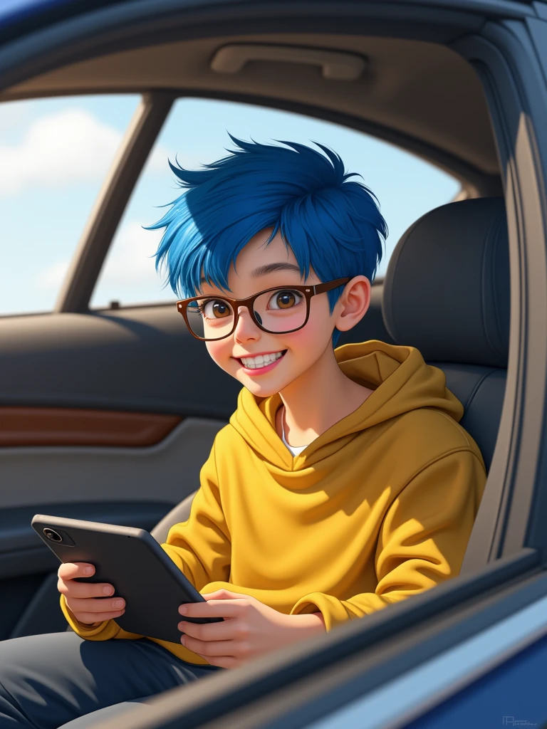  , boy, blue haired, wearing rectangular glasses, the yellow sweatshirt, brown eyes smiling ,  with a tablet in his hand , dentro de um carro indo para um drive-thru mcdonalds