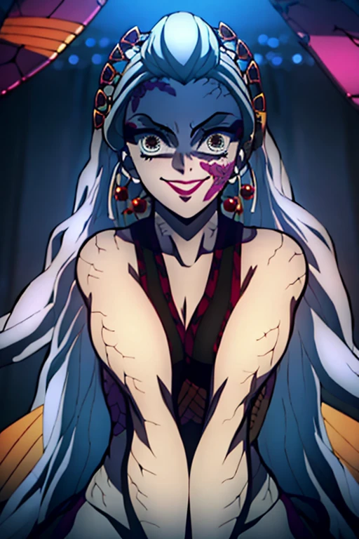 Daki,1girl, solo, long hair, breasts, smile, open mouth, large breasts, black hair, cleavage, jewelry, very long hair, wedding dress, tiara, veil, earrings,multicolored hair, earrings, white opera gloves, wedding ring, holding a bouquet, nail polish, blurry, sash, bare arms, makeup, lipstick, black nails, blurry foreground, head out of frame, red lips, (perfect eyes)detailed eyes, Perfect features, (masterpiece), (best quality:1.4), absurdres, [:intricate details:0.2], moist skin, shiny skin, glossy skin, (masterpeace, best quality, good quality:1.4), masterpeace, intricate details, smile, smile, smile,